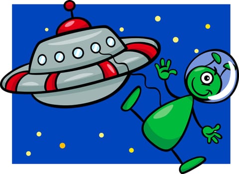 Cartoon Illustration of Funny Alien or Martian Comic Character with Flying Saucer or Spaceship or Ufo