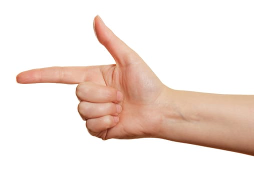 pointing fingers of a woman's hand on a white background