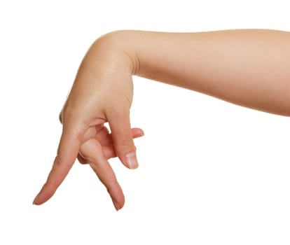 Walking fingers of a woman's hand on a white background
