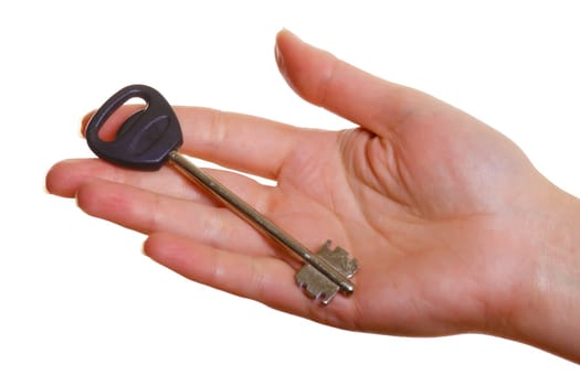 Woman's hand with key on hand isolated on white background