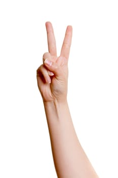 Woman's hand with two fingers up isolated on white background