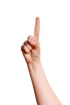Female hand pointing finger up isolated on white background