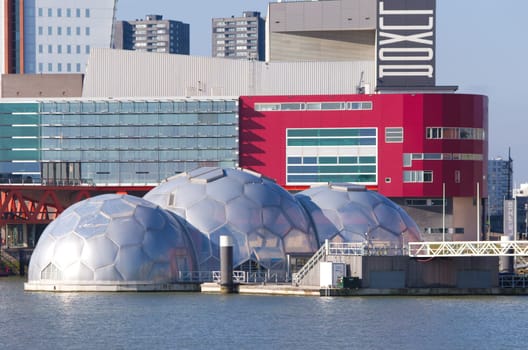 floating spheres in Rotterdam, Netherlands. These are part of a pilot project about sustainable and climate-proof housing in the city.