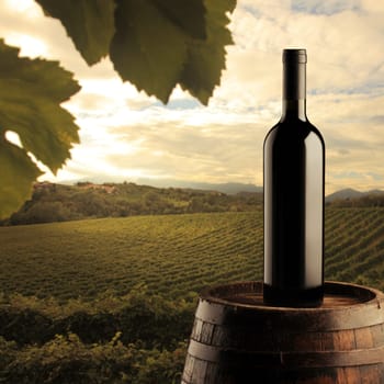 red wine bottle on wodden barrel, vineyard on background