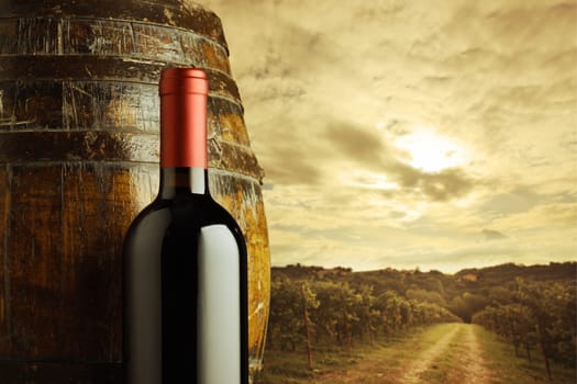 red wine bottle and wodden barrel, vineyard on background