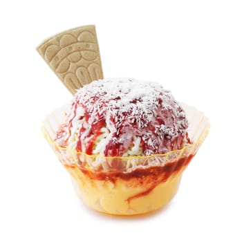 Spaghetti ice cream sundae on a white background