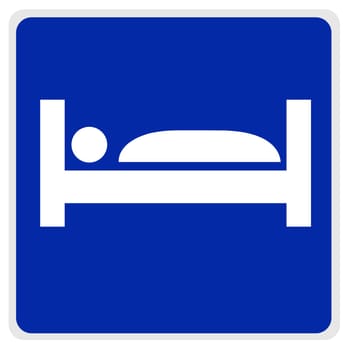 road sign - hotel bed and guest white on blue, with path