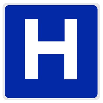 road sign - blue, white H for hospital - with path