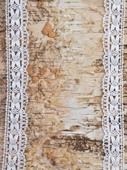 Birch bark background with white lace border