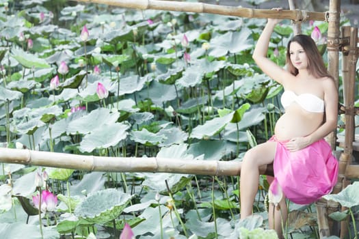 Beautiful pregnant woman in lotus pond