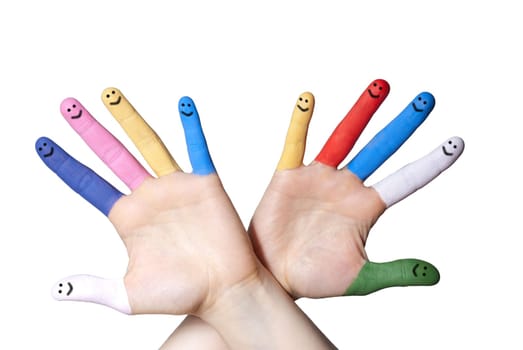 a hand with colorful painted and smiling fingers