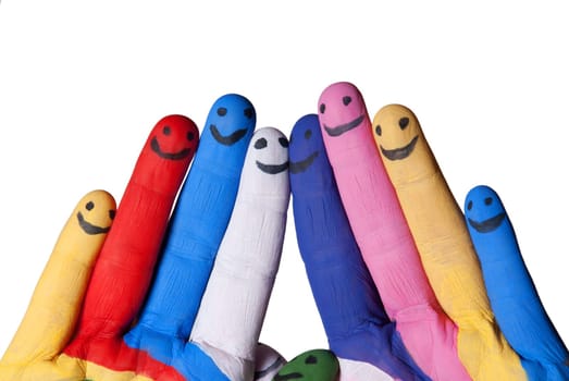 colorful painted hands with smiling fingers, isolated