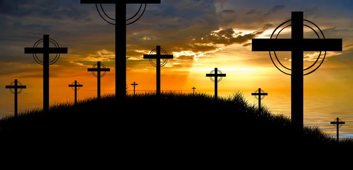 cross silhouette and the clouds at sunset.