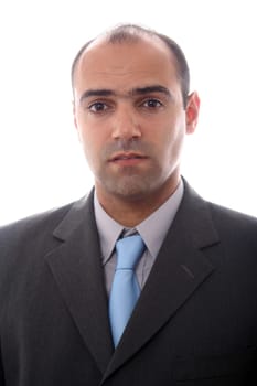 Young business men portrait on white with focos in hands