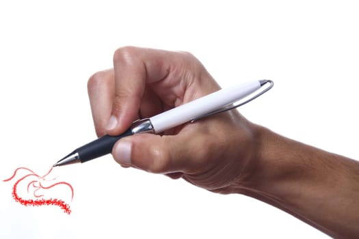 hand and a pen on a white background