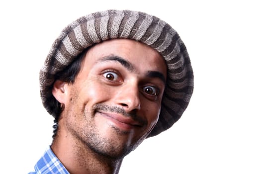 casual man portrait with hat in white background