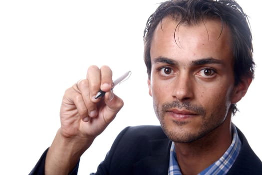 Young business men with pen on white