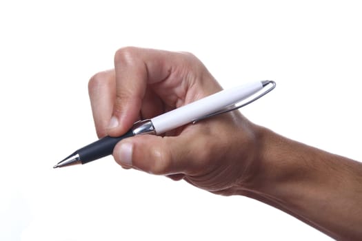hand and pen on a white background