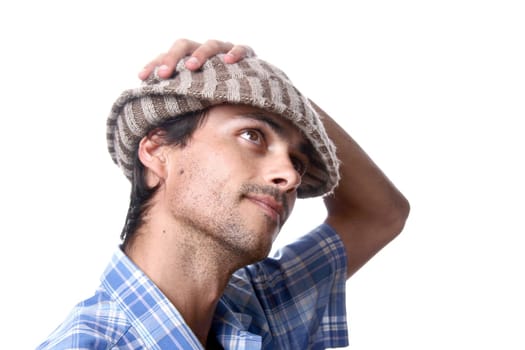 casual man portrait with hat in white background
