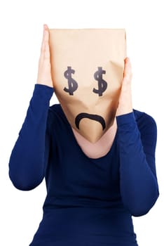 a dollar paper bag head in desperation, isolated