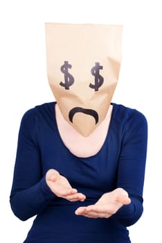 a person with a desperate dollar sign paper bag on its head