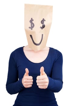 a person with a happy dollar sign paper bag on its head showing thumbs up