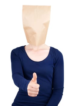 a person with a blank paper bag head showing one thumb up, isolated