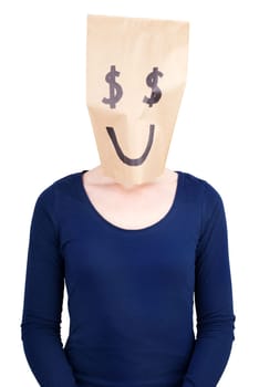 a person with a happy dollar sign paper bag on its head, isolated