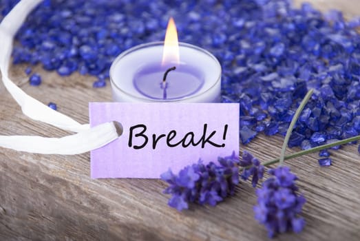 a purple label with break on it with recreational background