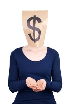 a person in begging gesture with a dollar sign as head