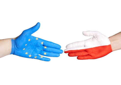 a european and a polish hand handshaking, on white