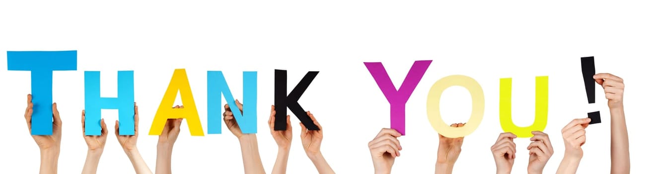 many hands holding the words thank you