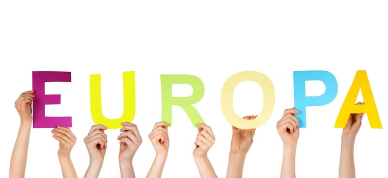 many hands holding the german word Europa which means europe, isolated
