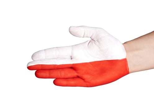 the polish flag painted on a hand in handshake gesture, isolated