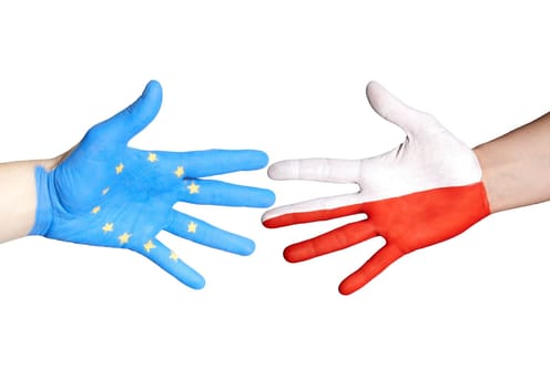 a handshake between europe and poland, isolated on white