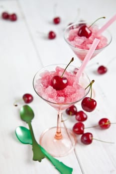 Cherry sorbet with fresh cherries in glasses