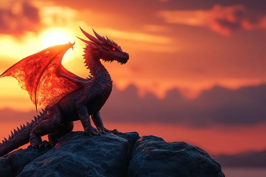Silhouette of a dragon with sparkling eyes on a rock against the backdrop of the sunset sky.