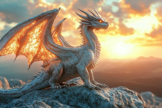 A dragon with shimmering scales spread its wings as it sat on a mountaintop at sunset.