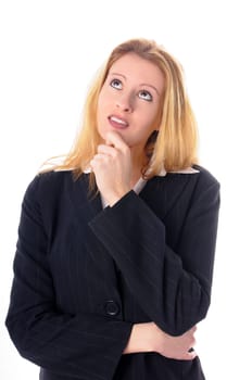 Attractive young woman with long blond hair in a business outfit isolated against a white background.