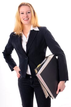 Attractive young woman with long blond hair in a business outfit isolated against a white background.