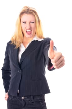Attractive young woman with long blond hair in a business outfit isolated against a white background.