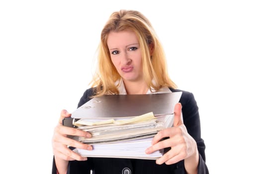 Attractive young woman with long blond hair in a business outfit isolated against a white background.