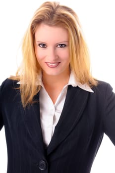 Attractive young woman with long blond hair in a business outfit isolated against a white background.