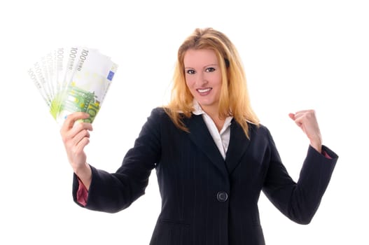 Attractive young woman with long blond hair in a business outfit isolated against a white background.