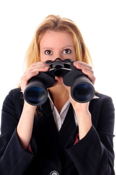 Attractive young woman with long blond hair in a business outfit isolated against a white background.