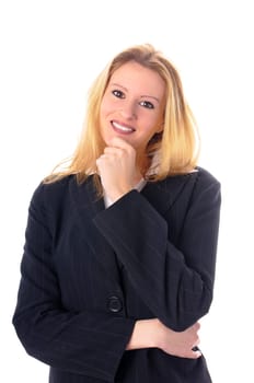Attractive young woman with long blond hair in a business outfit isolated against a white background.