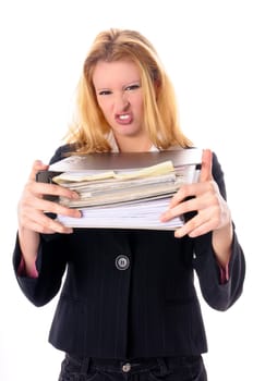 Attractive young woman with long blond hair in a business outfit isolated against a white background.