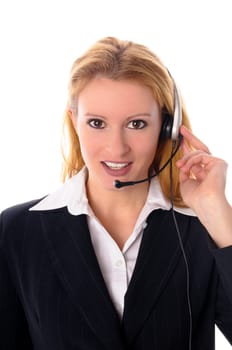 Attractive young woman with long blond hair in a business outfit isolated against a white background.
