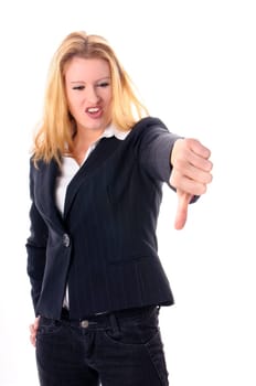 Attractive young woman with long blond hair in a business outfit isolated against a white background.