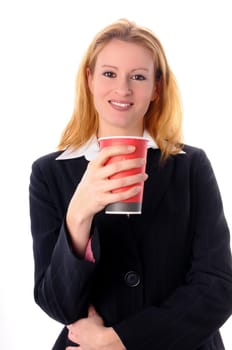 Attractive young woman with long blond hair in a business outfit isolated against a white background.